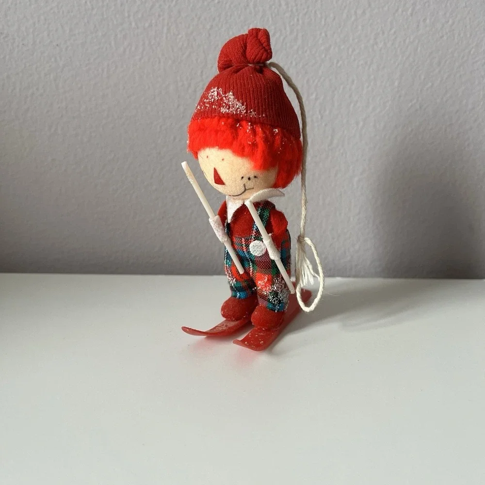 Vintage Christmas Elf Pixie Scarecrow W/ Hat On Skis Ornament Shelf Cottagecore